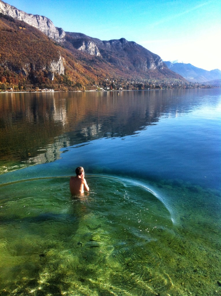Swimming in Lake Annecy on a crisp winters day.